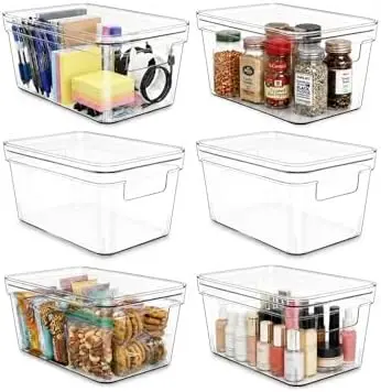 6-Pack 10x6x5 Stackable Small Clear Storage Bins with Lids