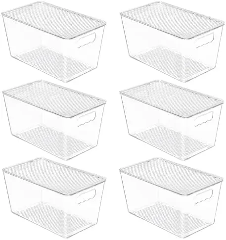 6 Pack Clear Stackable Storage Bins with Lids and Handles, Medium