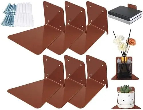 6 Pack Invisible Bookshelf Wall Mounted Metal Heavy Duty, Brown