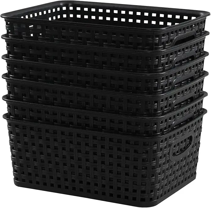 6 Pack Plastic Pantry Weave Storage Basket Bin, Black