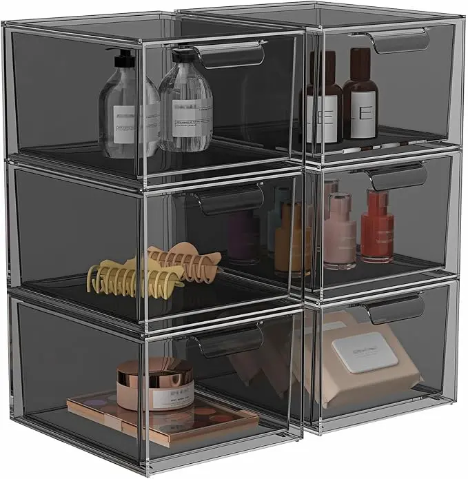 6 Pack Stackable Makeup Organizer and Storage, Acrylic Organizers,Clear Plastic Storage Drawer with Pull-Out Handles for Vanity, Undersink, Kitchen Cabinets, Pantry, Black