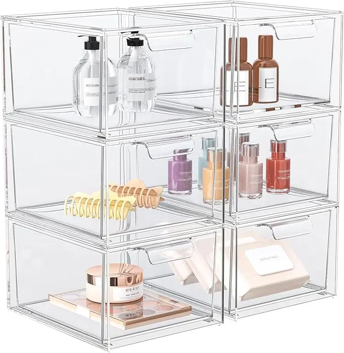 6 Pack Stackable Makeup Organizer and Storage, Acrylic Organizers,Clear Plastic Storage Drawer with Pull-Out Handles for Vanity, Undersink, Kitchen Cabinets, Pantry