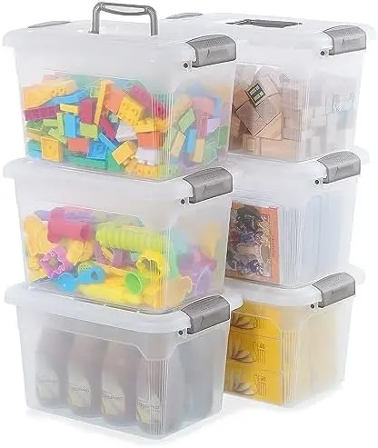 6 Packs 8.5 QT Storage Bins with Lids Clear Plastic Bins with Grey Handle Stackable Storage Containers for Organizing
