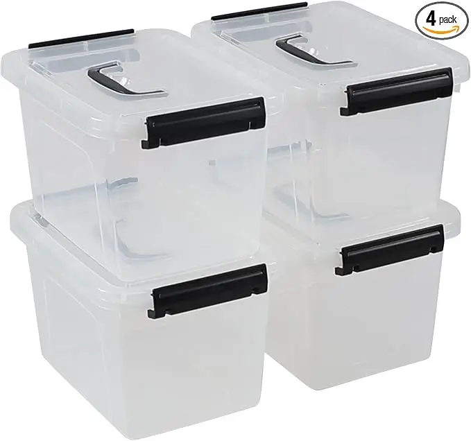 6 Quart Clear Organizer Bin with Lid Set of 4, Plastic Latching Storage Box