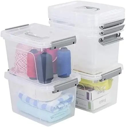 6 Quart Clear Storage Bin, Latch Box with Grey Handle, 6 Packs