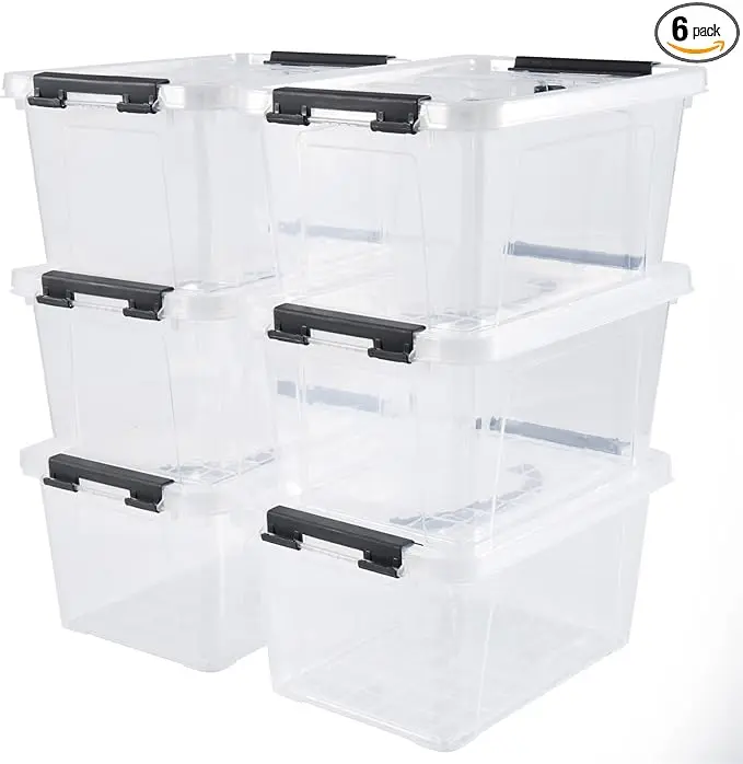 6 Quart Plastic Stackable Storage Latch Bins,Clear Latching Box with Handle and Lid,Pack of 6 (Black Handle)