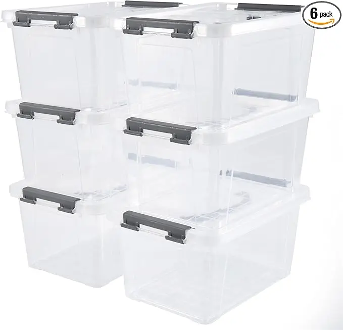 6 Quart Plastic Stackable Storage Latch Bins,Clear Latching Box with Handle and Lid,Pack of 6 (Grey Handle)
