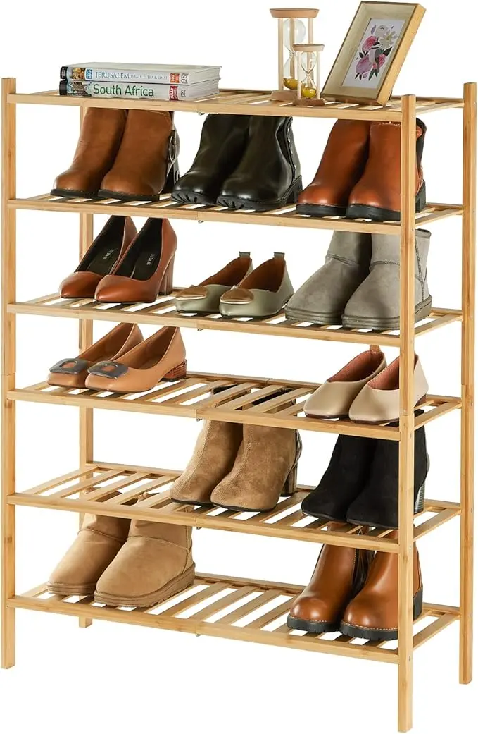 6-Tier Bamboo Shoe Rack for Entryway, Stackable | Heavy Duty | Multi-Function, Free Standing Shoe Racks for Bedroom Hallway Closet