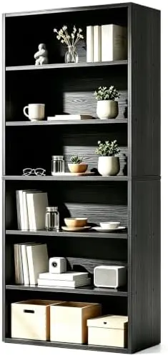 6 Tier Bookcase with Open Storage Shelves, Black