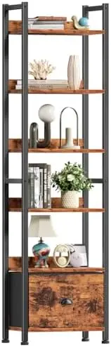 6 Tier Bookshelf with Drawer, Tall Narrow Bookcase, Rustic Brown