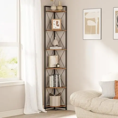 6 Tier Corner Shelf Stand, 78" H Tall Corner Bookshelf, Rustic Brown