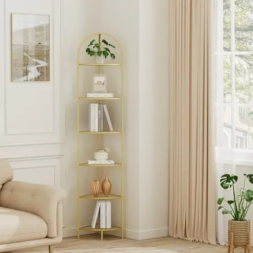 6-Tier Gold Corner Shelf Stand, Metal Corner Bookshelf