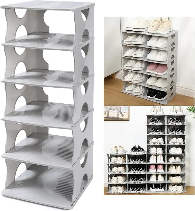 6-Tier Shoe Rack, Stackable Storage Organizer for Bedroom Entry, Adjustable Rack, Shoe Slots Shelf, Easy Tower Rack, Grey