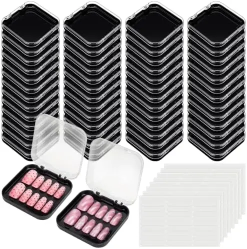 60 Pcs Press on Nail Box Packaging, Black Acrylic Case
