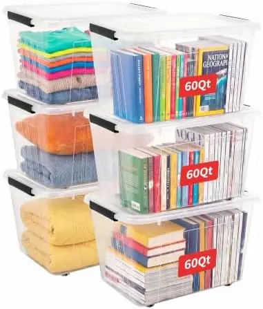 60qt Plastic Storage Bin with Wheels, Stackable Storage Bins with Lid, Organizer, Container for Home, Office, Drom, PP, BFA-Free, Nestable, Clear, 60Quart (6 Pack)