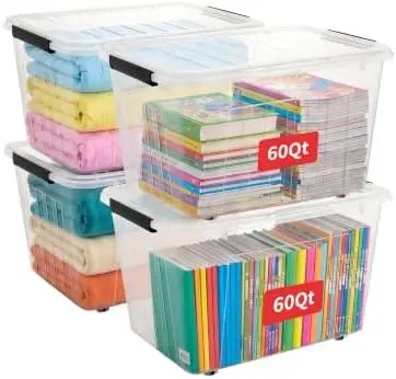 60Qt Plastic Storage Bin with Wheels, Stackable Storage Box with Lid, Organizer, Container for Home, Office, Drom, PP, BPA-Free, Nestable, Clear, 60Quart-4 Pack