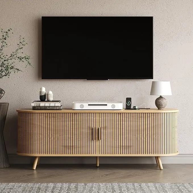 63 inch TV Stand with Power Outlet, Fluted Entertainment Center