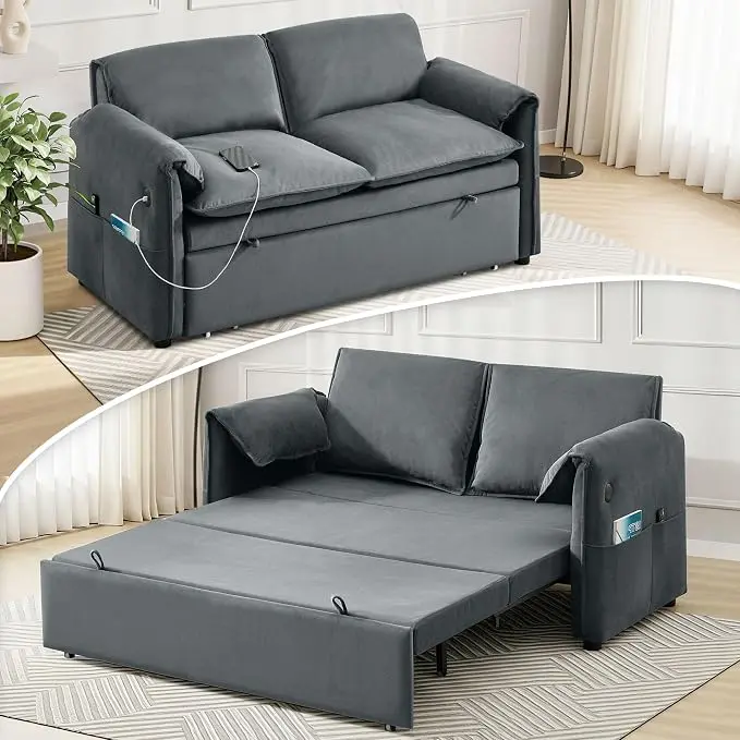 63" Velvet 3 in 1 Convertible Sleeper Sofa Bed, Pull Out Couch Bed Loveseat