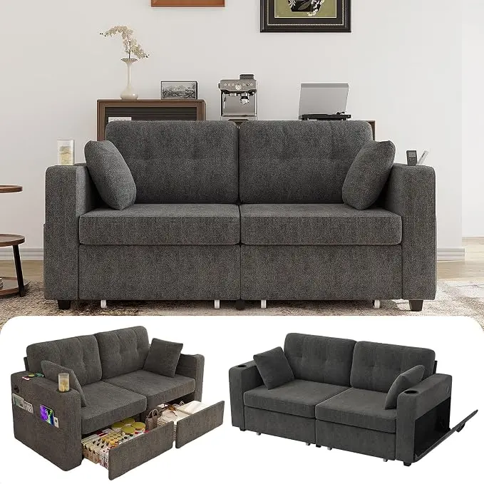 67" Small Loveseat Couch with Storage, USB Charging and Cup Holder, Space