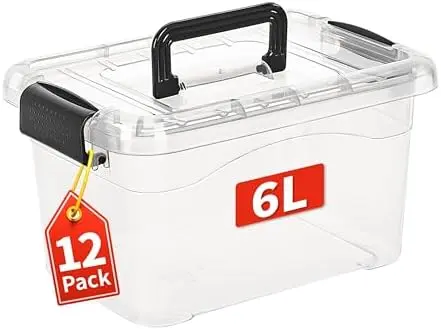 6Lx12 Pack Storage Boxes, Storage Box with Lids and Handle for Home Dorm Office Organization, Stackable Nesting Tote Container, Plastic, Clear, 6L-12 Pack