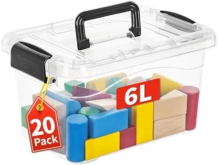 6Lx20 Pack Storage Boxes, Storage Box with Lids and Handle for Home Dorm Office Organization, Stackable Nesting Tote Container, Plastic, Clear, 6L-20 Pack