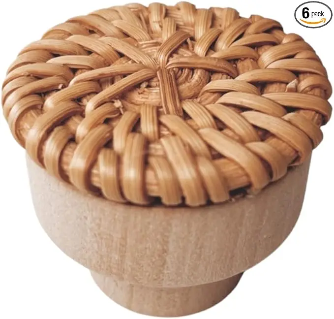 6pc Boho Rattan Knobs for Dresser, Cabinet; Handmade Boho Wicker Woven