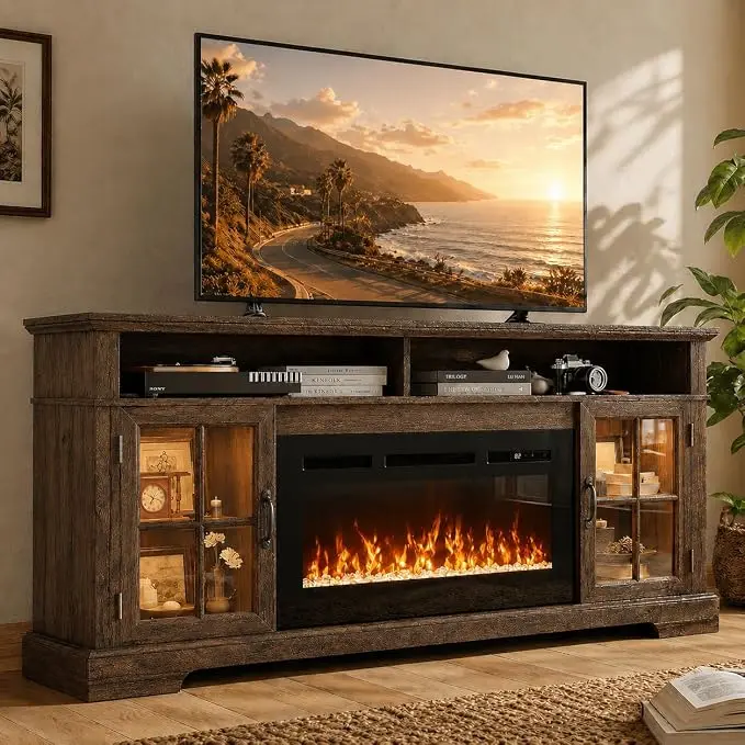70" Fireplace TV Stand, Farmhouse Entertainment Center