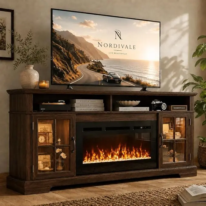 70" Fireplace TV Stand, Modern Entertainment Center