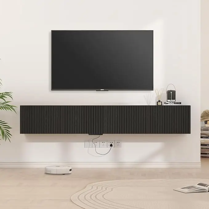 71” Floating TV Stand with LED Lights & Charging Station, Floating Media
