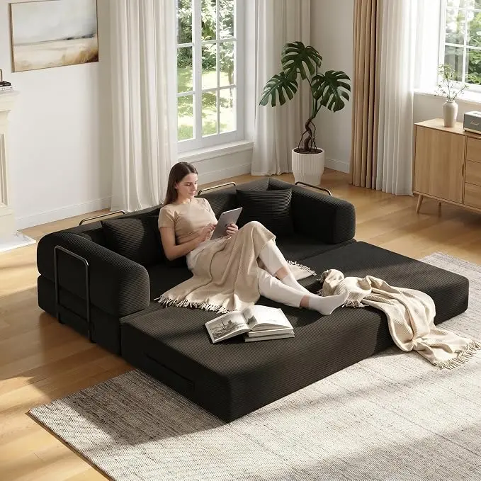 79in Convertible Sofa Bed, Corduroy Boneless Couch Bed, Futon Sleeper Sofa Pull