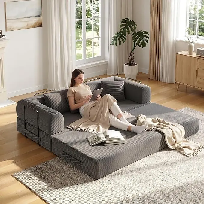 79in Convertible Sofa Bed, Corduroy Boneless Couch Bed, Futon Sleeper Sofa Pull