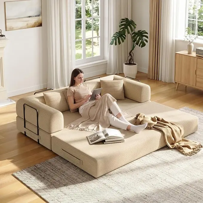 79in Convertible Sofa Bed, Corduroy Boneless Couch Bed, Futon Sleeper Sofa Pull