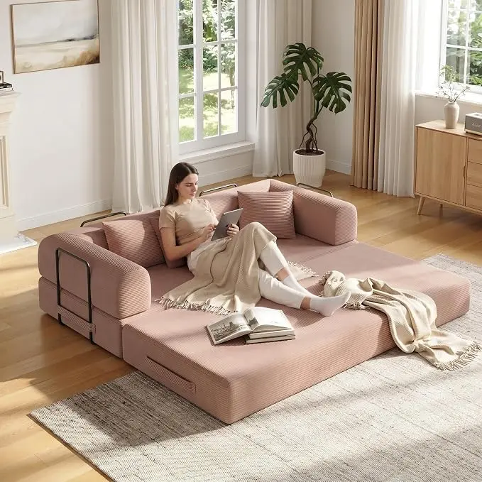 79in Convertible Sofa Bed, Corduroy Boneless Couch Bed, Futon Sleeper Sofa Pull