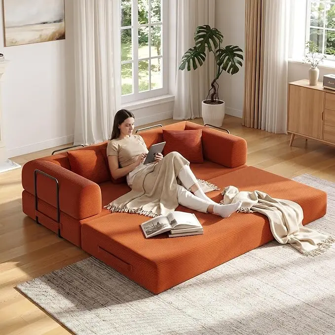 79in Convertible Sofa Bed, Corduroy Boneless Couch Bed, Futon Sleeper Sofa Pull
