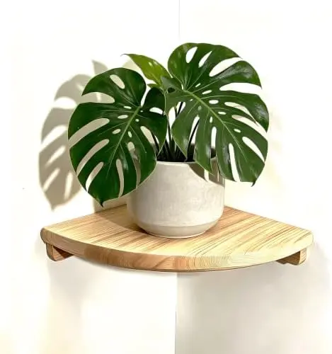 8.7" Floating Corner Shelf, Solid Wood Wall Mount with Wire Hole