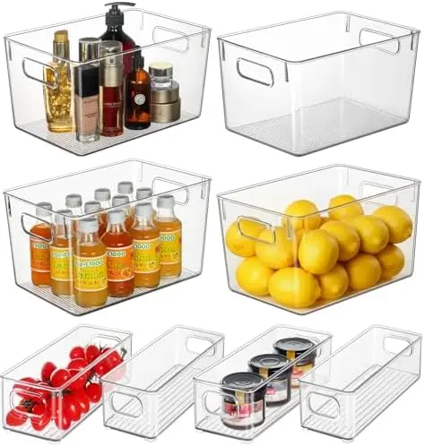 8 Clear Plastic Storage Bins for Pantry Organizer, Kitchen Cabinet