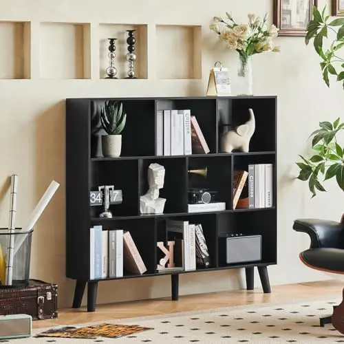 8 Cube Bookshelf, Mid-Century Modern Book Shelf with Legs, Black