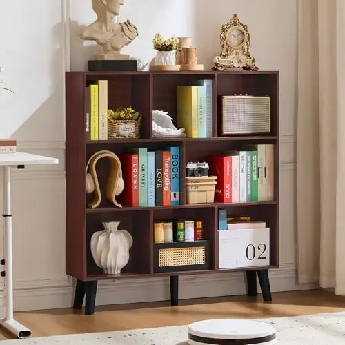 8 Cube Bookshelf, Mid-Century Modern Book Shelf with Legs, Walnut