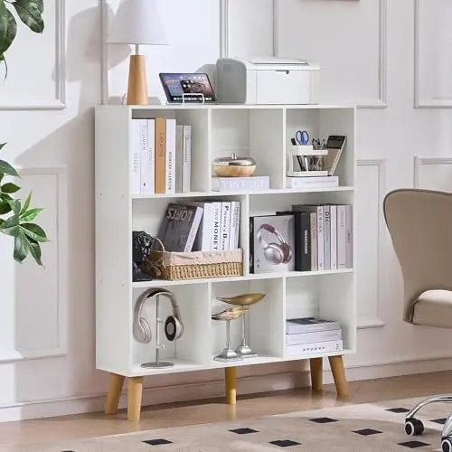 8 Cube Bookshelf, Mid-Century Modern Book Shelf with Legs, White