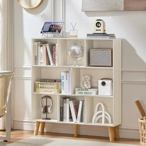 8 Cube Bookshelf,Mid-Century Modern Bookcase with Legs,Light Grey