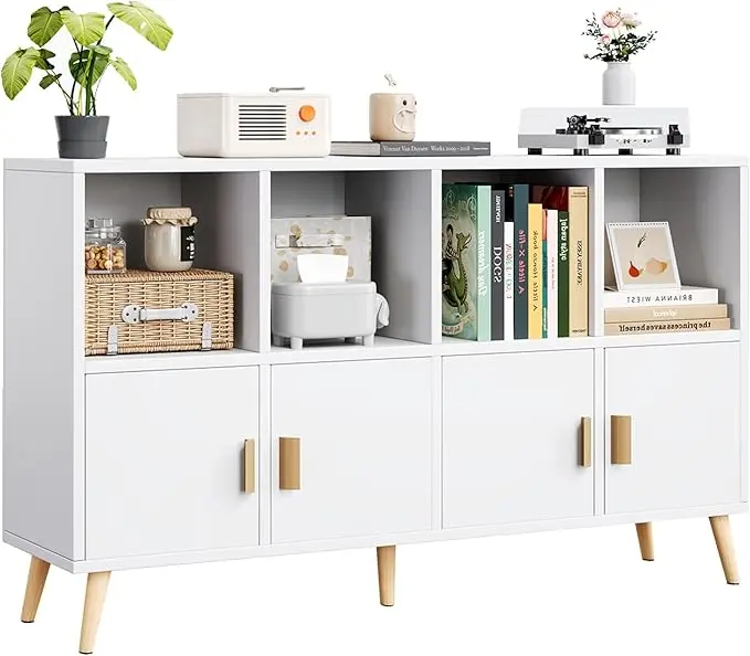 8-Cube Storage Organizer with Doors & 5 Solid Wood Legs, Mid-Century Modern