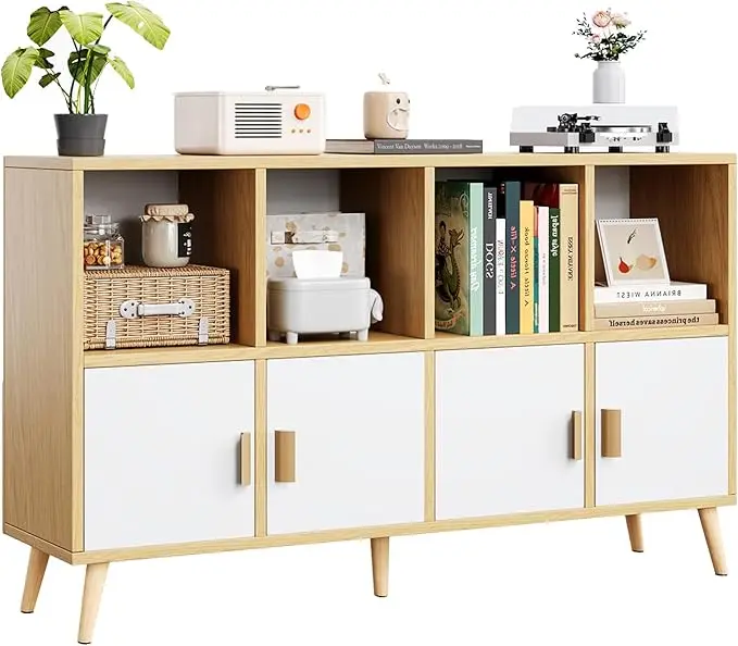 8-Cube Storage Organizer with Doors & 5 Solid Wood Legs, Mid-Century Modern