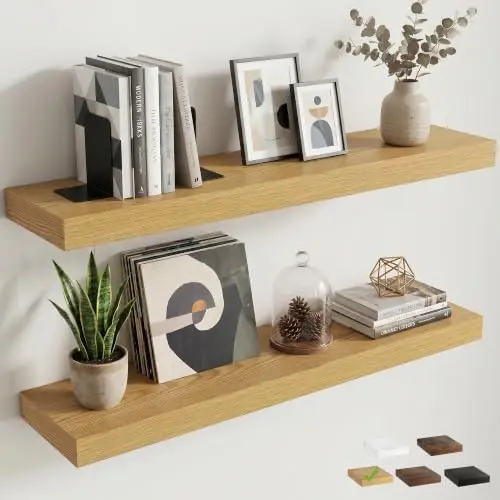 8 inch Deep Floating Shelves for Wall, 36" Wide, Oak Finish, 2-Pack
