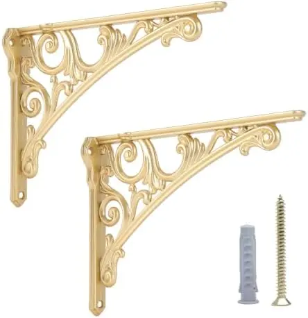 8 Inch Shelf Brackets 2 Pack Heavy Duty Wall Bracket Baroque Kitchen Decorative Rack Shelves Brushed Gold