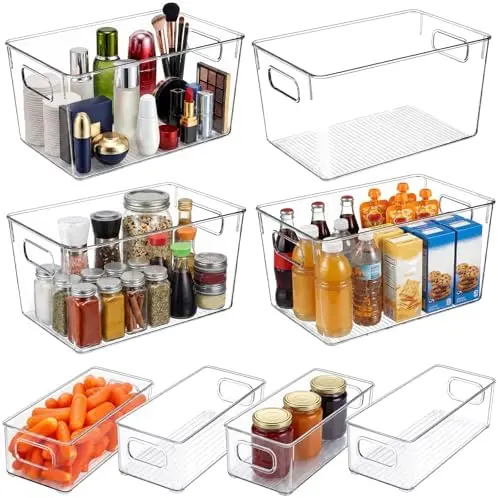 8 Pack Clear Plastic Storage Bins with Handles, Stackable Organizer