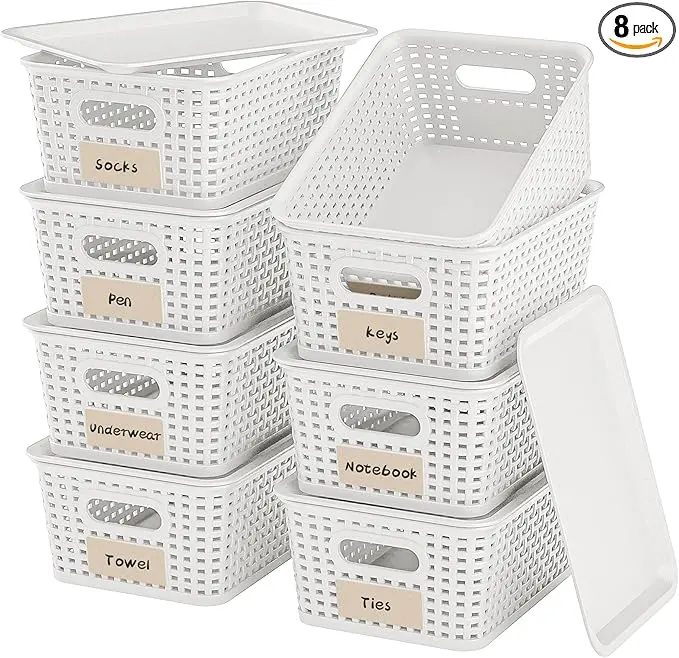 8-Pack White Plastic Storage Baskets with Lids, Label Organizers, Stackable Organizer Containers