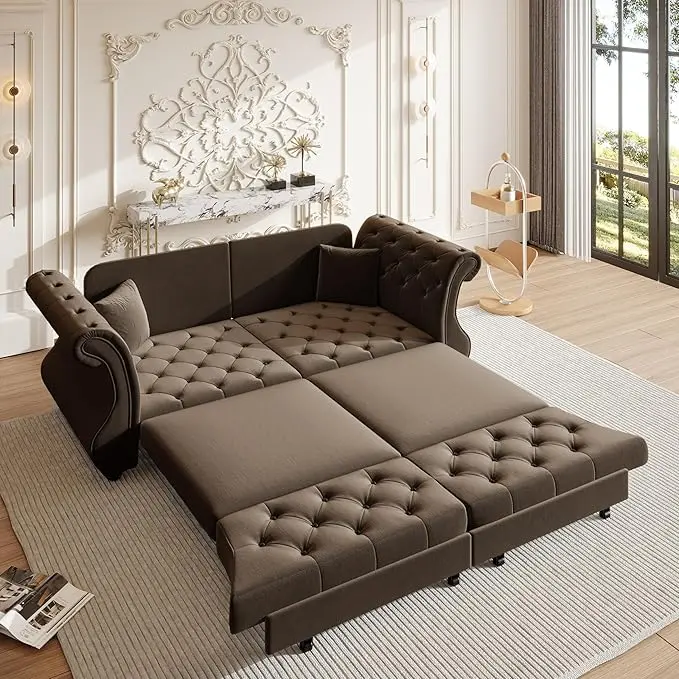 83.8" Oversized Pull Out Sofa Bed, Chesterfield Velvet Sleeper Sofa Couch