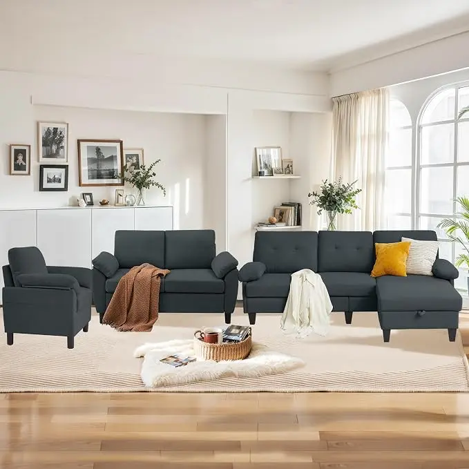 84" Convertible Sectional Sofa Set, 3 Seat L Shaped Couch