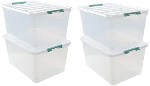 85 Qt Clear Plastic Storage Bins with Lids, 4 Pack Wheeled Boxes