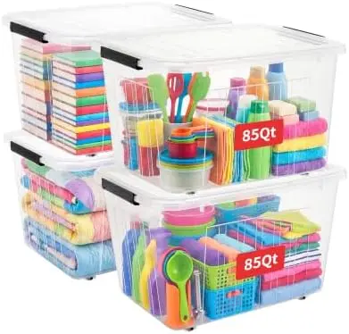 85Qt Plastic Storage Bin with Wheels, Stackable Storage Box with Lid, Organizer, Container for Home, Office, Drom, PP, BPA-Free, Nestable, Clear, 85Quart-4 Pack